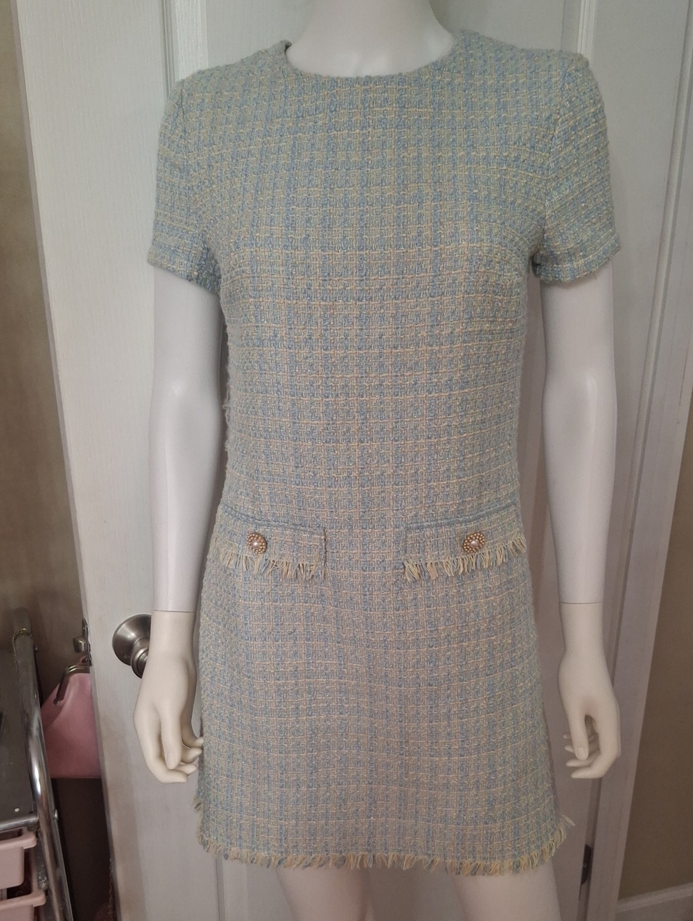 Bebop Blue & Cream Tweed Mini Dress Fringe Trim. NWOT  Size S